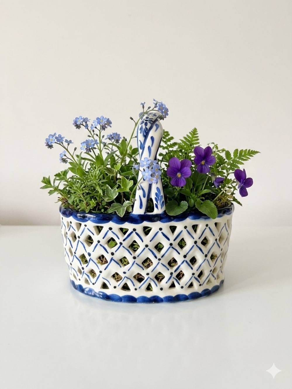 Portuguese Hand Painted Ceramic Lattice Basket Vintage Home Decor Cottage
